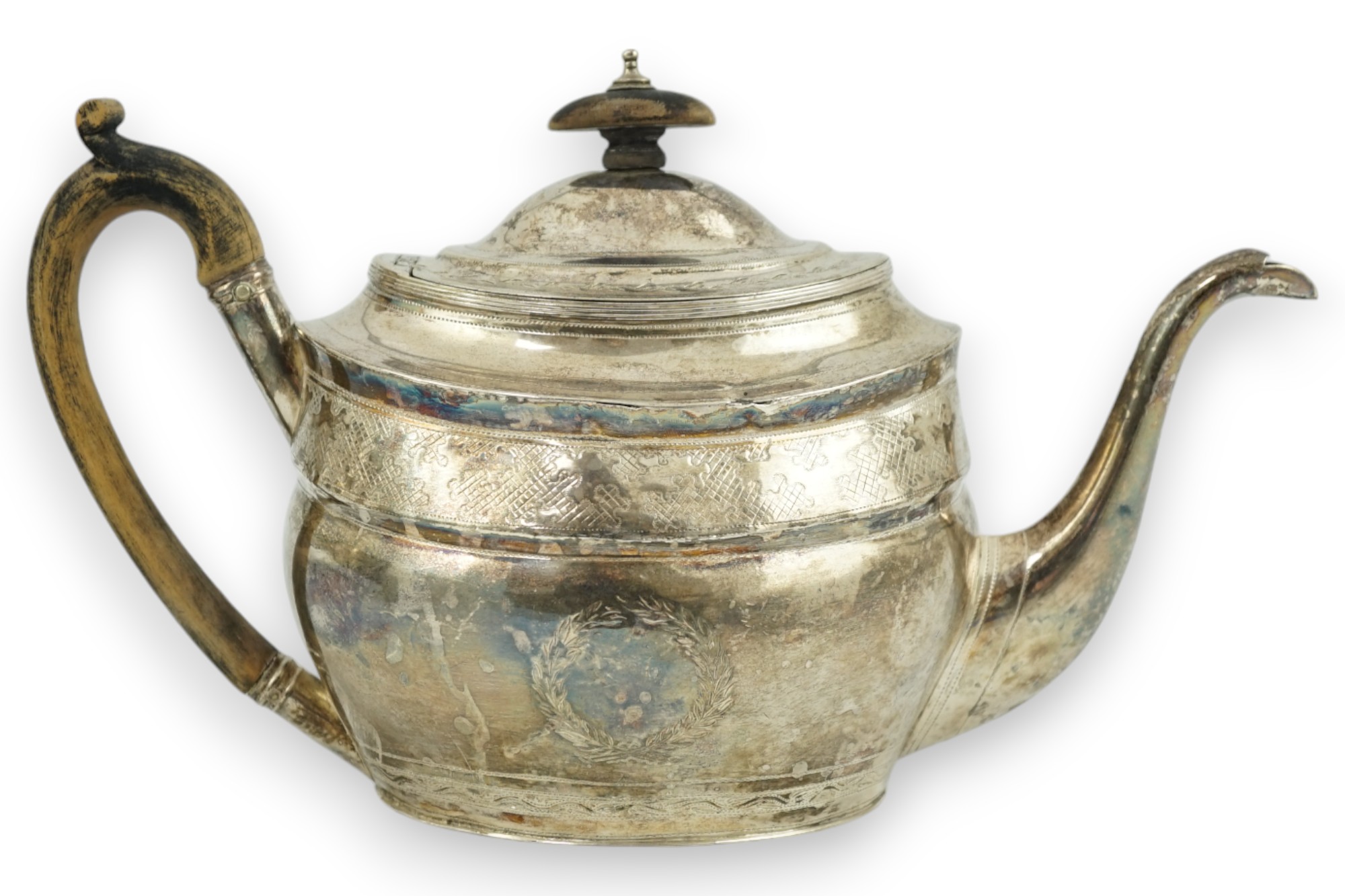 A George III engraved silver oval teapot, Alice & George Burrows, London, 1803, gross weight 13.2oz.